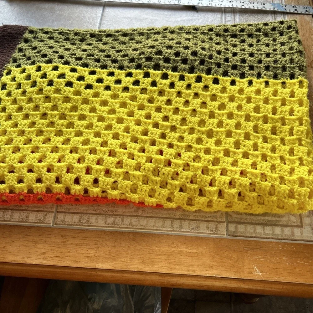 vintage afghan‎ blanket Crochet Olive Yellow Brown Orange 60x65